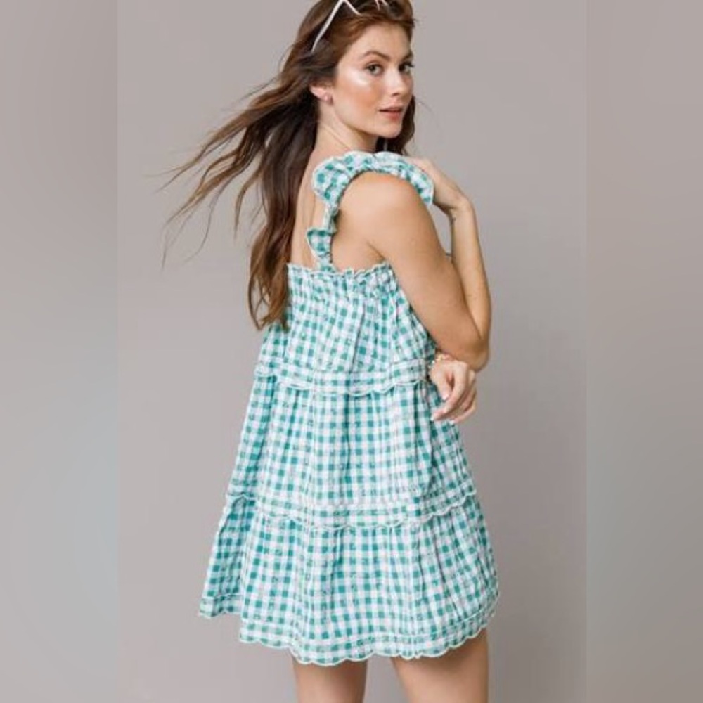miami Aqua and White Gingham Tiered Sundress